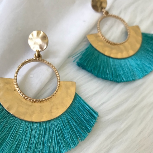 Turquoise Tassel Gold Statement Earrings Hoop Aqua - Picture 4 of 4